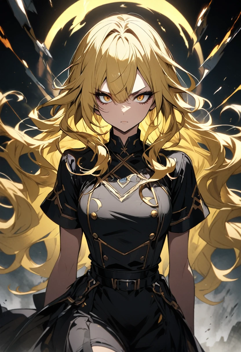 1 adult woman, light yellow eyes, light yellow long wavy hair without bangs, looks at the viewer, cleavage, large breasts, light yellow strapless dress, light yellow gloves high, rings around her body like Saturn, upper body, near the sun, cosmic background, beautiful, Detailed, delicate tones