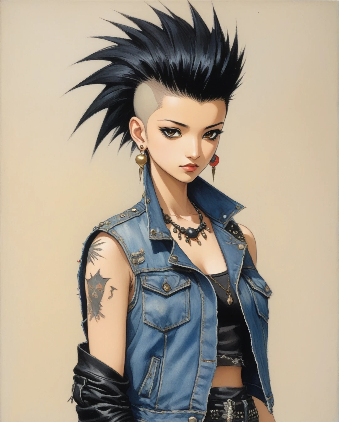 amano yoshitaka, Mohawk and Metal
A Saudi Arabian girl with short black hair styled into a mini mohawk, hazel eyes lined with dark eyeliner, wearing a sleeveless denim jacket over a torn band tee, paired with studded leather pants. She stands in a relaxed pose, leaning slightly to one side, hands in her pockets. The background is simple and white, letting her outfit stand out.