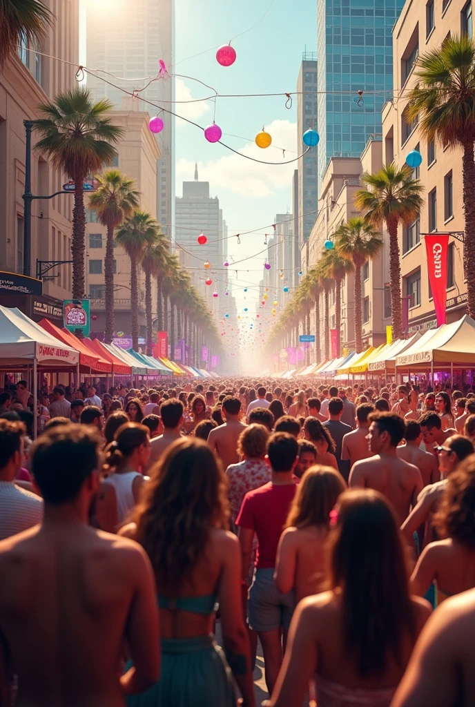 Street with people partying, girls wear shorts with drinks in their hands, men with drinks in their hands, luxury cars passing on the street, 8k, ultra realistic