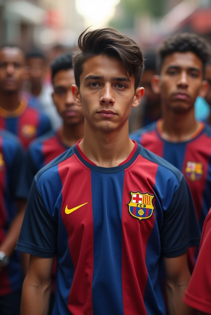 A boy wearing a FC Barcelona shirt with S written on the back.Herrera