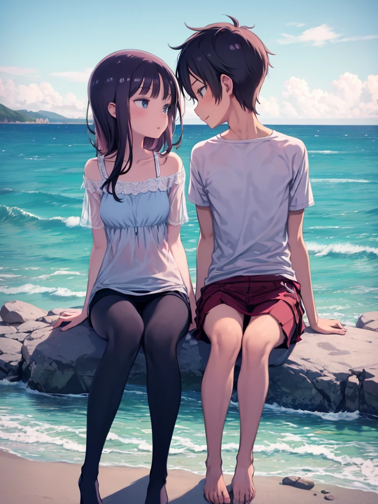 blue eyes, wearing long plain white shirt, high res, ultrasharp, masterpiece, wet shirt, black short hair, skinny legs, pussy, crowd not notice visible to viewer, secretly having sex, girl, very close to other people, lay down on side, beach