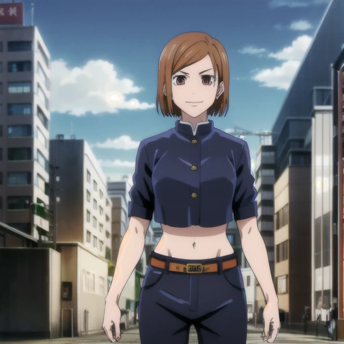 masterpiece, high quality, unique, Look at the audience, smile, Nobara Kugisaki, 1 girl, Xuelan, short jacket, crop top, midriff  belt, [Frown, V-shaped eyebrows, stare, city, (Teku logo)