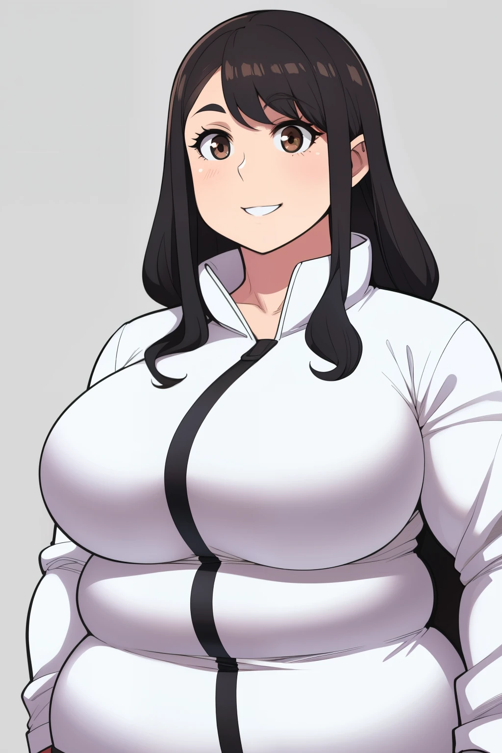 Plump girl Black hair brown eyes big breasts smime longer hair smile white jacket elegant coat