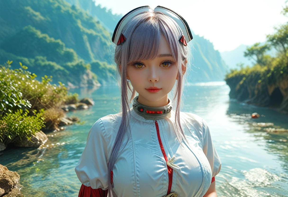 1girl, solo,large breasts, long eyelashes,thick_lips, (beautiful face, detailed face, ,face perfect), (yellow eyes, asymmetrical clothes, Black_lilith,large breasts, bangs, (( long right sleeve short left sleeve)), collar, wrist_cuffs, lips), ,landscape,glowing,outdoors,ripples,scenery,water,light rays,,dark theme,,happy, looking at viewer, standing,(zPDXL2:1.5)