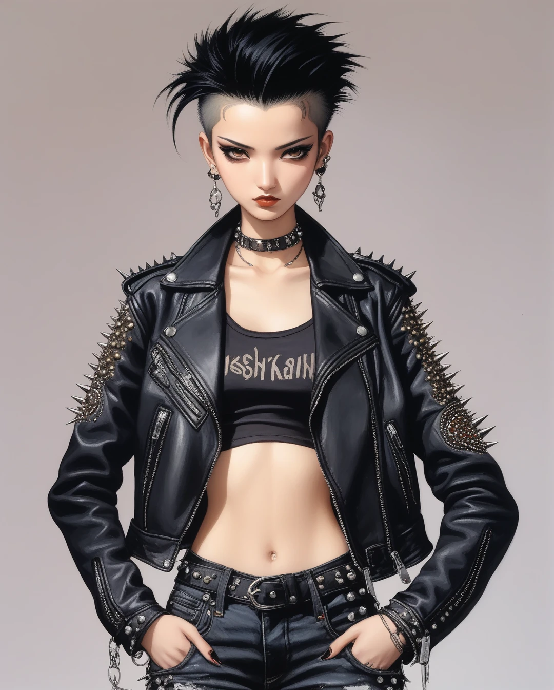 amano yoshitaka, Studded Punk Style
A Saudi Arabian girl with short black hair slicked back, wearing a black leather jacket with metal studs, ripped jeans, and chunky boots. She has a sharp, intense gaze, standing with her arms crossed against a plain white background, exuding confidence and punk rock attitude.