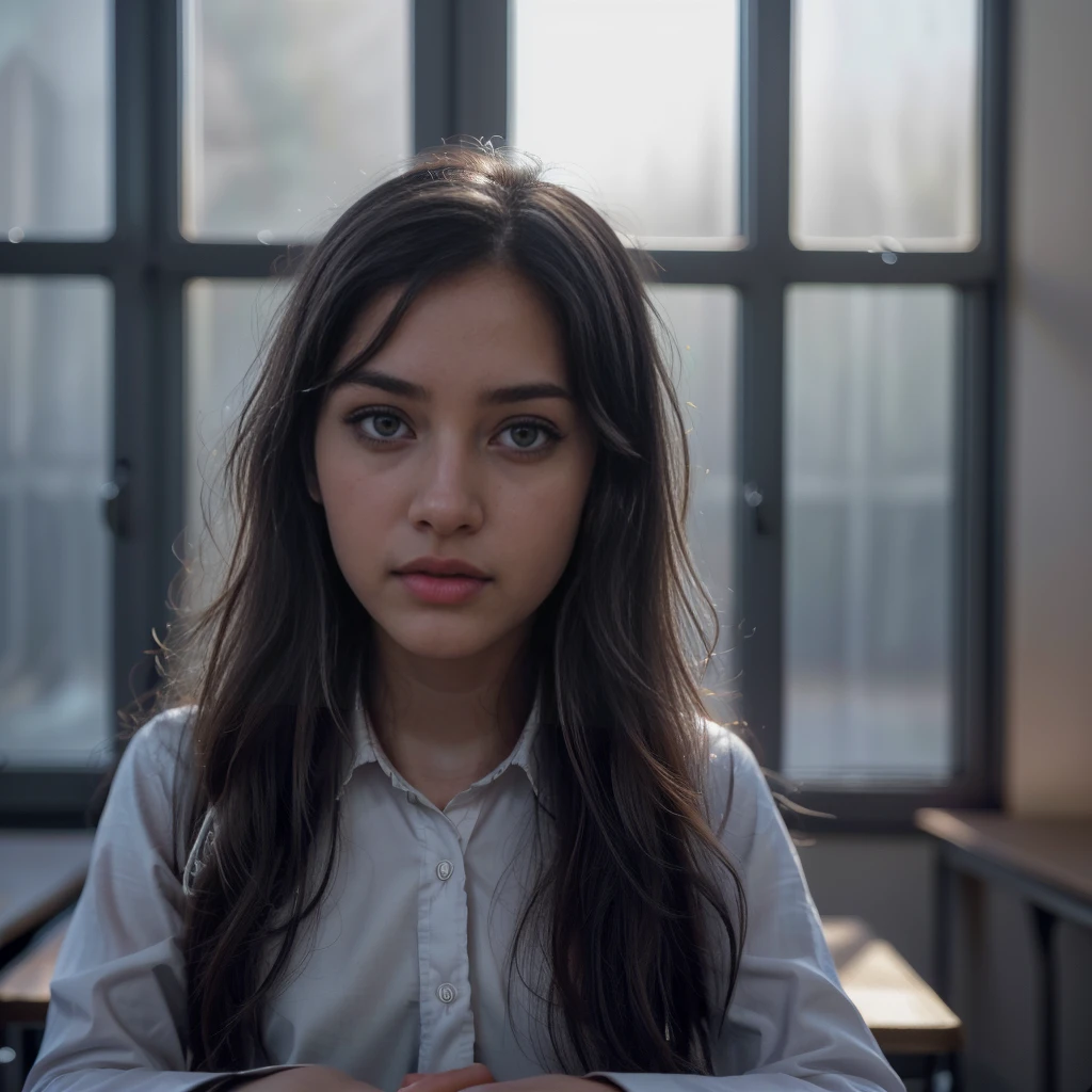 1girl, black school uniform, sitting in classroom, beautiful detailed eyes, beautiful detailed lips, extremely detailed face, long eyelashes, serious expression, sunlight through window, cinematic lighting, depth of field, photorealistic, 8k, hyperdetailed, intricate details, sharp focus, vibrant colors, natural lighting, warm color palette, cinematic composition, atmospheric