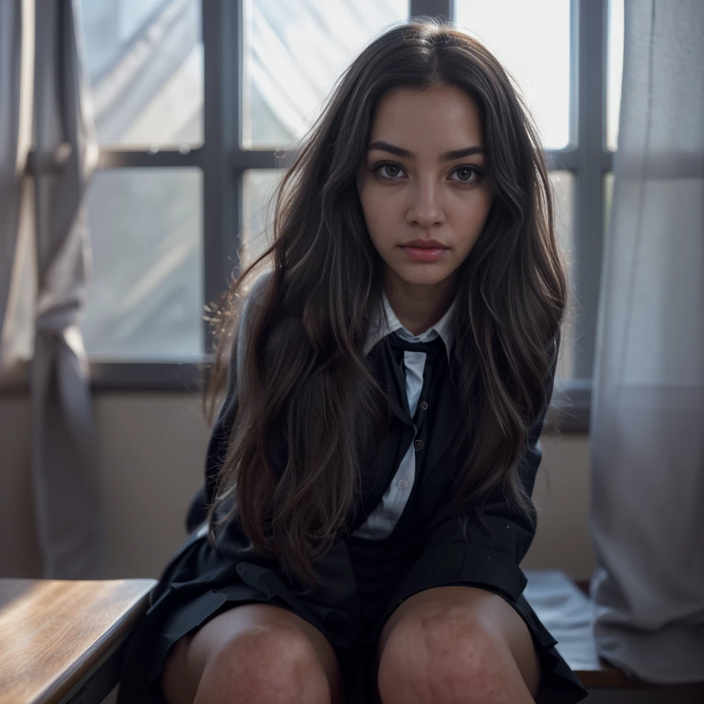 1girl, black school uniform, sitting in classroom, beautiful detailed eyes, beautiful detailed lips, extremely detailed face, long eyelashes, serious expression, sunlight through window, cinematic lighting, depth of field, photorealistic, 8k, hyperdetailed, intricate details, sharp focus, vibrant colors, natural lighting, warm color palette, cinematic composition, atmospheric