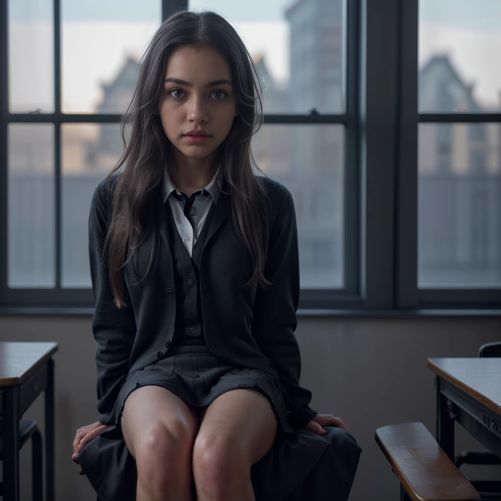 1girl, black school uniform, sitting in classroom, beautiful detailed eyes, beautiful detailed lips, extremely detailed face, long eyelashes, serious expression, sunlight through window, cinematic lighting, depth of field, photorealistic, 8k, hyperdetailed, intricate details, sharp focus, vibrant colors, natural lighting, warm color palette, cinematic composition, atmospheric