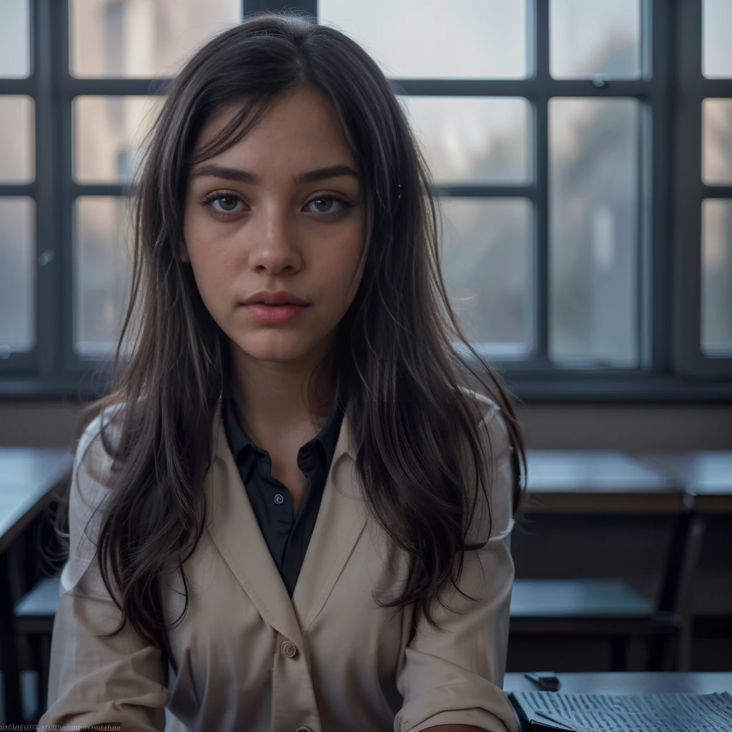 1girl, black school uniform, sitting in classroom, beautiful detailed eyes, beautiful detailed lips, extremely detailed face, long eyelashes, serious expression, sunlight through window, cinematic lighting, depth of field, photorealistic, 8k, hyperdetailed, intricate details, sharp focus, vibrant colors, natural lighting, warm color palette, cinematic composition, atmospheric