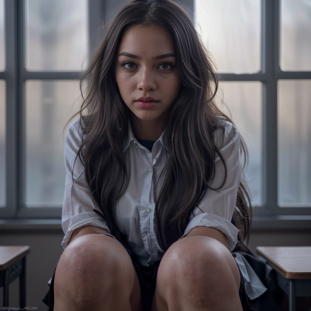 1girl, black school uniform, sitting in classroom, beautiful detailed eyes, beautiful detailed lips, extremely detailed face, long eyelashes, serious expression, sunlight through window, cinematic lighting, depth of field, photorealistic, 8k, hyperdetailed, intricate details, sharp focus, vibrant colors, natural lighting, warm color palette, cinematic composition, atmospheric