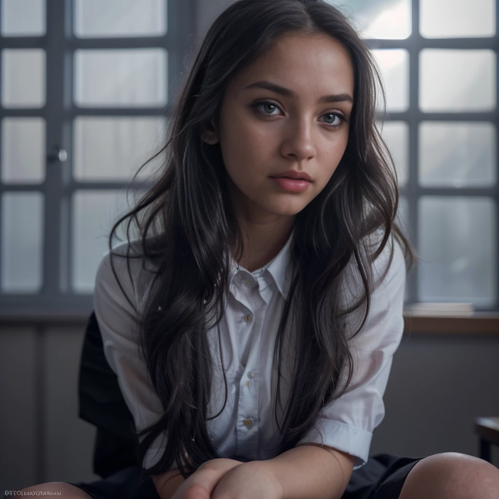 1girl, black school uniform, sitting in classroom, beautiful detailed eyes, beautiful detailed lips, extremely detailed face, long eyelashes, serious expression, sunlight through window, cinematic lighting, depth of field, photorealistic, 8k, hyperdetailed, intricate details, sharp focus, vibrant colors, natural lighting, warm color palette, cinematic composition, atmospheric