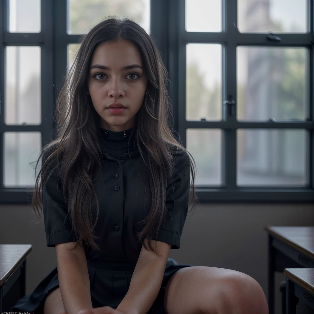 1girl, black school uniform, sitting in classroom, beautiful detailed eyes, beautiful detailed lips, extremely detailed face, long eyelashes, serious expression, sunlight through window, cinematic lighting, depth of field, photorealistic, 8k, hyperdetailed, intricate details, sharp focus, vibrant colors, natural lighting, warm color palette, cinematic composition, atmospheric