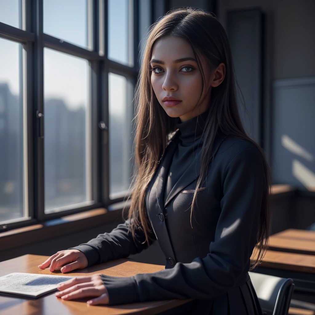 1girl, black school uniform, sitting in classroom, beautiful detailed eyes, beautiful detailed lips, extremely detailed face, long eyelashes, serious expression, sunlight through window, cinematic lighting, depth of field, photorealistic, 8k, hyperdetailed, intricate details, sharp focus, vibrant colors, natural lighting, warm color palette, cinematic composition, atmospheric