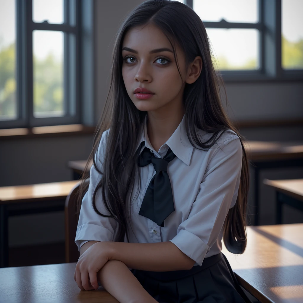 1girl, black school uniform, sitting in classroom, beautiful detailed eyes, beautiful detailed lips, extremely detailed face, long eyelashes, serious expression, sunlight through window, cinematic lighting, depth of field, photorealistic, 8k, hyperdetailed, intricate details, sharp focus, vibrant colors, natural lighting, warm color palette, cinematic composition, atmospheric