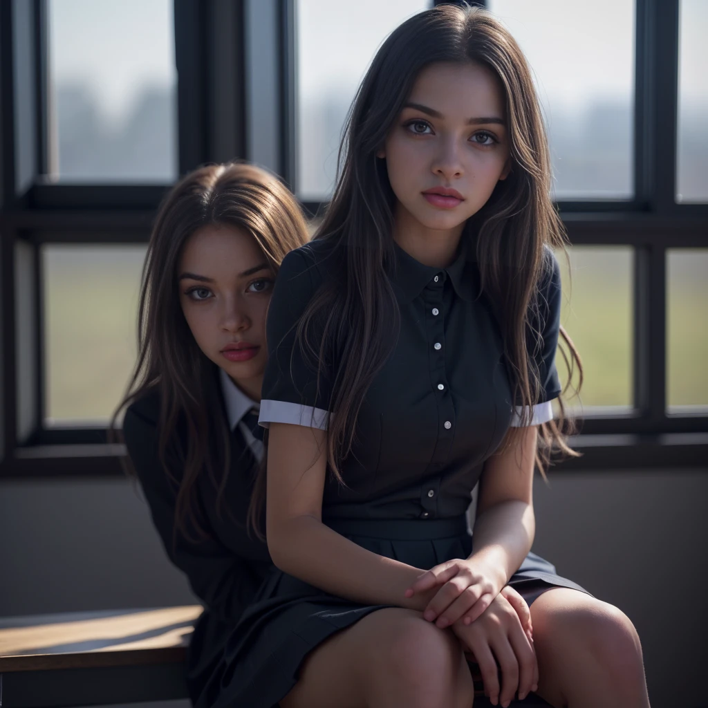 1girl, black school uniform, sitting in classroom, beautiful detailed eyes, beautiful detailed lips, extremely detailed face, long eyelashes, serious expression, sunlight through window, cinematic lighting, depth of field, photorealistic, 8k, hyperdetailed, intricate details, sharp focus, vibrant colors, natural lighting, warm color palette, cinematic composition, atmospheric