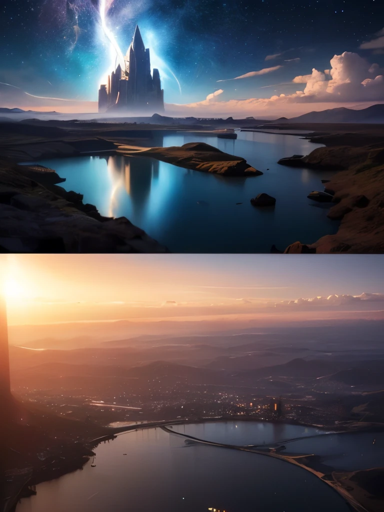 (8k, highest quality, masterpiece, final fantasy style: 1.2), (unRealistic, photoRealistic: 1.37), Dreamy landscape, Fantasy, Unsurreal landscapes, Super detailed, Flying Castle, Floating Island in the Sky, Seven-colored swirl of light, Intense lightning, milky way, Complex Light, Colored light, Large Lake, Starry sky reflected on the lake surface, Countless shining stars, Meteors, Reflections , (A pillar of light emanated from the ground:1,2), roses and orchids gardens , sunset, pink clouds, waterfalls in the sky, realistic style, Hyperrealism drawing, a flying pirate spaceship floating at the clouds level, burning skyscrapers, cyborgs, timeless realms, stunning princess , casting spell, healing light magic effect, in a magical lagoon of the fairyland, crystal clear water surface reflections, sharp focus, looking at viewer, (close-up:0.9), (bright white theme:1.2), (bright white tone:1.2), (deep blue tone:1.3),((( realistic, Hyperrealism, vivid colours , landscapes , alien cyborgs , science fiction themes))), (((2 humanoid stunning female cyborgs posing )))