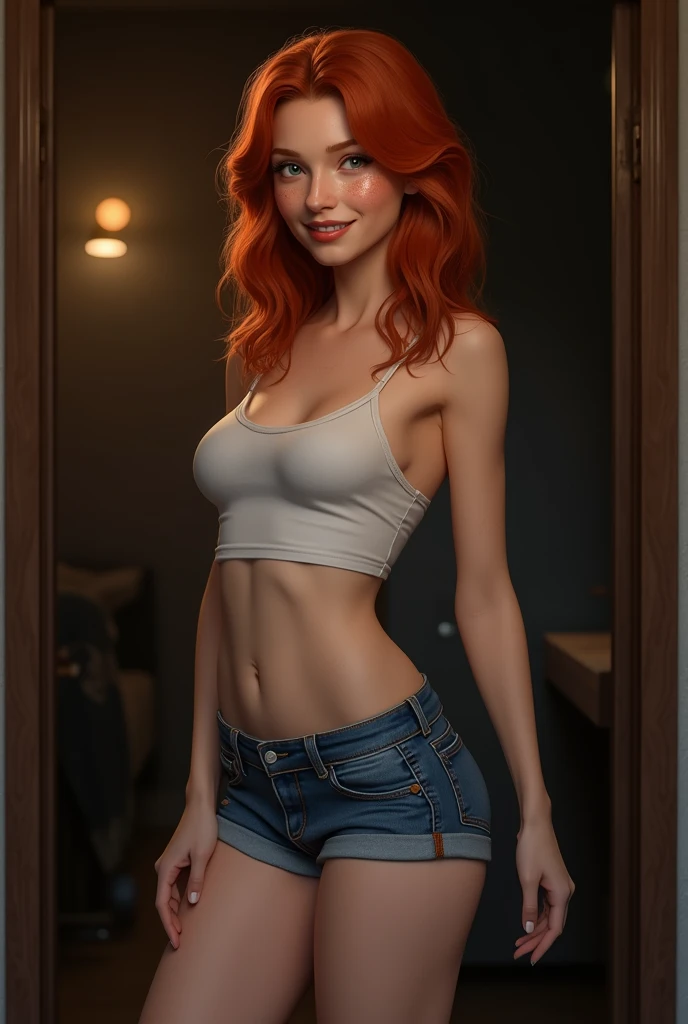 Red haired Curvy Latina with green eyes in blue shirt and white cotton high cut panties, lifting shirt, realistic 3D game model, intricate details
