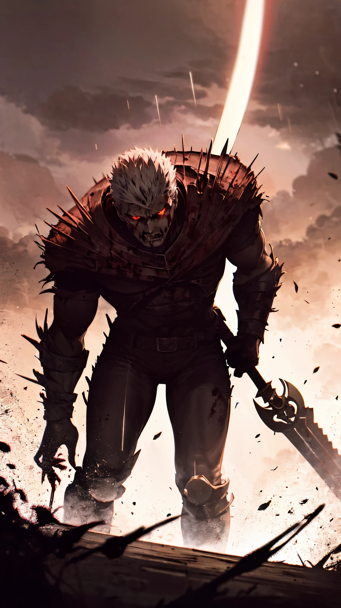 Guts, The Warrior of Berserk, appears in the foreground, leaning forward under the torrential storm, holding his gigantic sword with a firm hand as he rests on it. His posture denotes extreme physical exhaustion but at the same time an unwavering determination.. His face, in a close and dramatic shot, It is covered with open wounds from which runs a thick, dark flow of blood., with a dull red tone that barely reflects light. Guts&#39; eyes glow a ghostly white., expressing a mixture of anger and frustration, while his jaw is clenched with suppressed fury.

The metal armor covering his body shows the wear and tear of countless battles., with scratches and dents reflecting the scant light of the storm. In his neck, the rolled layer, Soaked in the rain, fits firmly under your armor. The image is in black and white with a monochrome filter, except for blood, which appears in a deep shade of dark red, highlighting the brutal state of the battle. The shadows and lights are accentuated, creating a dramatic contrast that draws the eye to Guts&#39; fierce expression. Distance and focus maintain a close plane, capturing every detail of his face and the edge of the sword, while the background remains out of focus, immersed in darkness and rain, foreground,A dark and powerful warrior, covered in scars and soaked in heavy rain, He holds his sword with a firm hand, as blood runs down his scarred face. His damaged and worn armor reflects the faint light of the storm., with drops of water sliding down its metal plates. The environment is full of deep shadows, with only the rain and the brightness of his intense eyes, that emit a penetrating white light in the middle of the darkness. The warrior is enveloped in an aura of contained fury, with his jaw clenched and an expression that reveals both pain and determination