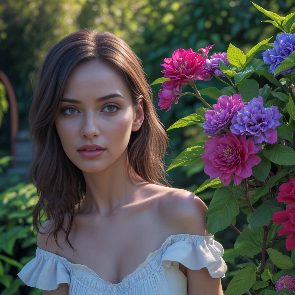 A beautiful woman standing in a garden, off-shoulder dress, (photorealistic:1.4), (best quality,4k,8k,highres,masterpiece:1.2),ultra-detailed,(realistic,photorealistic,photo-realistic:1.37),HDR,UHD,studio lighting,extremely detailed face and eyes,beautiful long eyelashes,detailed lips,intricate floral details,lush greenery,natural lighting,vibrant colors,cinematic composition