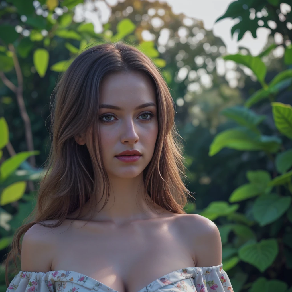 A beautiful woman standing in a garden, off-shoulder dress, (photorealistic:1.4), (best quality,4k,8k,highres,masterpiece:1.2),ultra-detailed,(realistic,photorealistic,photo-realistic:1.37),HDR,UHD,studio lighting,extremely detailed face and eyes,beautiful long eyelashes,detailed lips,intricate floral details,lush greenery,natural lighting,vibrant colors,cinematic composition