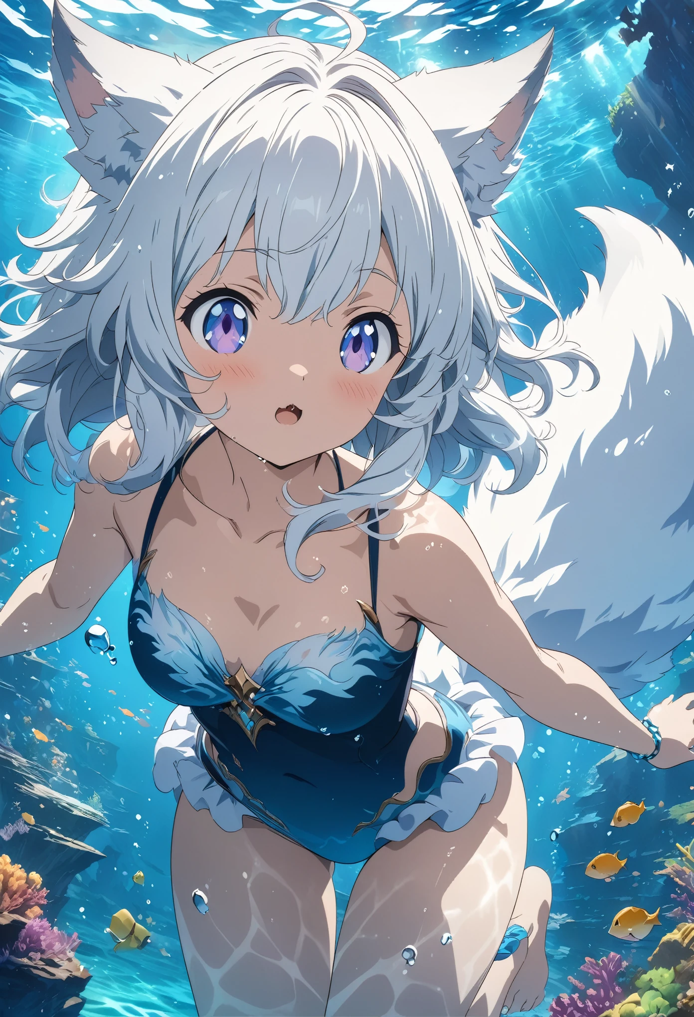 Anime humanoid girl with wolf features with ears and tail with gray hair wearing a swimsuit or bikini smiling, the girl full body and immersed in the water as if swimming
