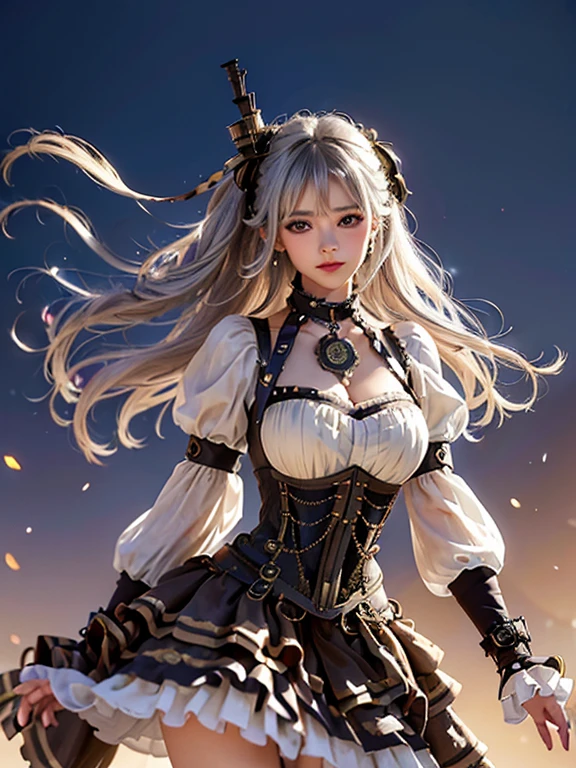 ((Steampunk:1.5))(background: London by night))((Alone、Woman wearing a long halter neck dress、Elegant woman posing:1.4、Detailed face、bright表情、Young, bright, Whiter skin、Great looks、Ultimate beauty、Shiny silver hair with highlights、輝くbright髪,、Style your hair:1.2、Hair dancing in the wind、Backlight,A little bit of Side Bust is visible)),Old dress, Layered Dress, Frillsドレス, Frills,Fishtail, corset,Side Bust, Long sleeve, Have, Knee-high boots