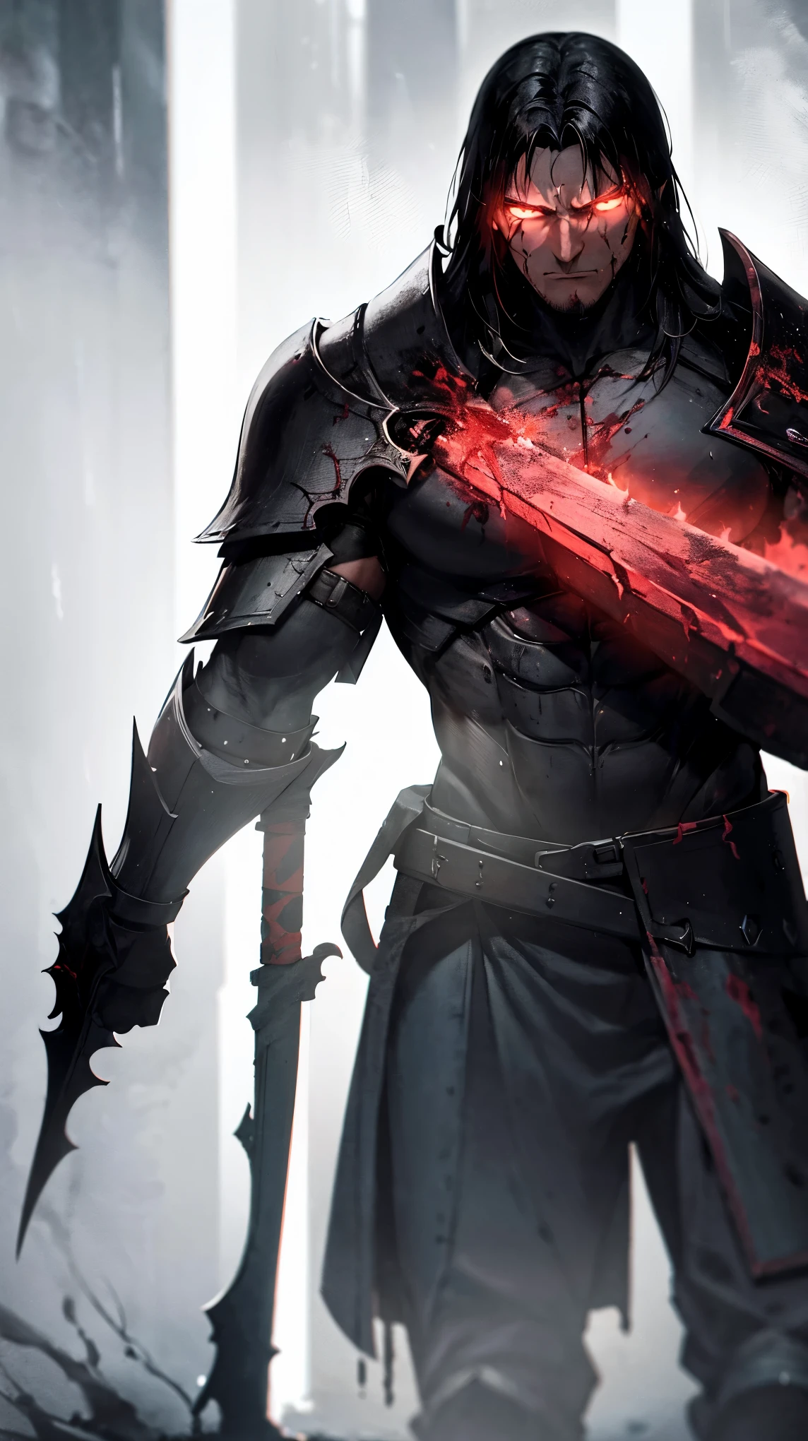 foreground,A dark and powerful warrior, covered in scars and soaked in heavy rain, He holds his sword with a firm hand, as blood runs down his scarred face. His damaged and worn armor reflects the faint light of the storm., with drops of water sliding down its metal plates. The environment is full of deep shadows, with only the rain and the brightness of his intense eyes, that emit a penetrating white light in the middle of the darkness. The warrior is enveloped in an aura of contained fury, with his jaw clenched and an expression that reveals both pain and determination,Guts,The Warrior of Berserk, appears in the foreground, leaning forward under the torrential storm, holding his gigantic sword with a firm hand as he rests on it. His posture denotes extreme physical exhaustion but at the same time an unwavering determination.. His face, in a close and dramatic shot, It is covered with open wounds from which runs a thick, dark flow of blood., with a dull red tone that barely reflects light. Guts' eyes glow a ghostly white., expressing a mixture of anger and frustration, while his jaw is clenched with suppressed fury.
The metal armor covering his body shows the wear and tear of countless battles., with scratches and dents reflecting the scant light of the storm. In his neck, the rolled layer, Soaked in the rain, fits firmly under your armor. The image is in black and white with a monochrome filter, except for blood, which appears in a deep shade of dark red, highlighting the brutal state of the battle. The shadows and lights are accentuated, creating a dramatic contrast that draws the eye to Guts' fierce expression. Distance and focus maintain a close plane, capturing every detail of his face and the edge of the sword, while the background remains out of focus, immersed in darkness and rain