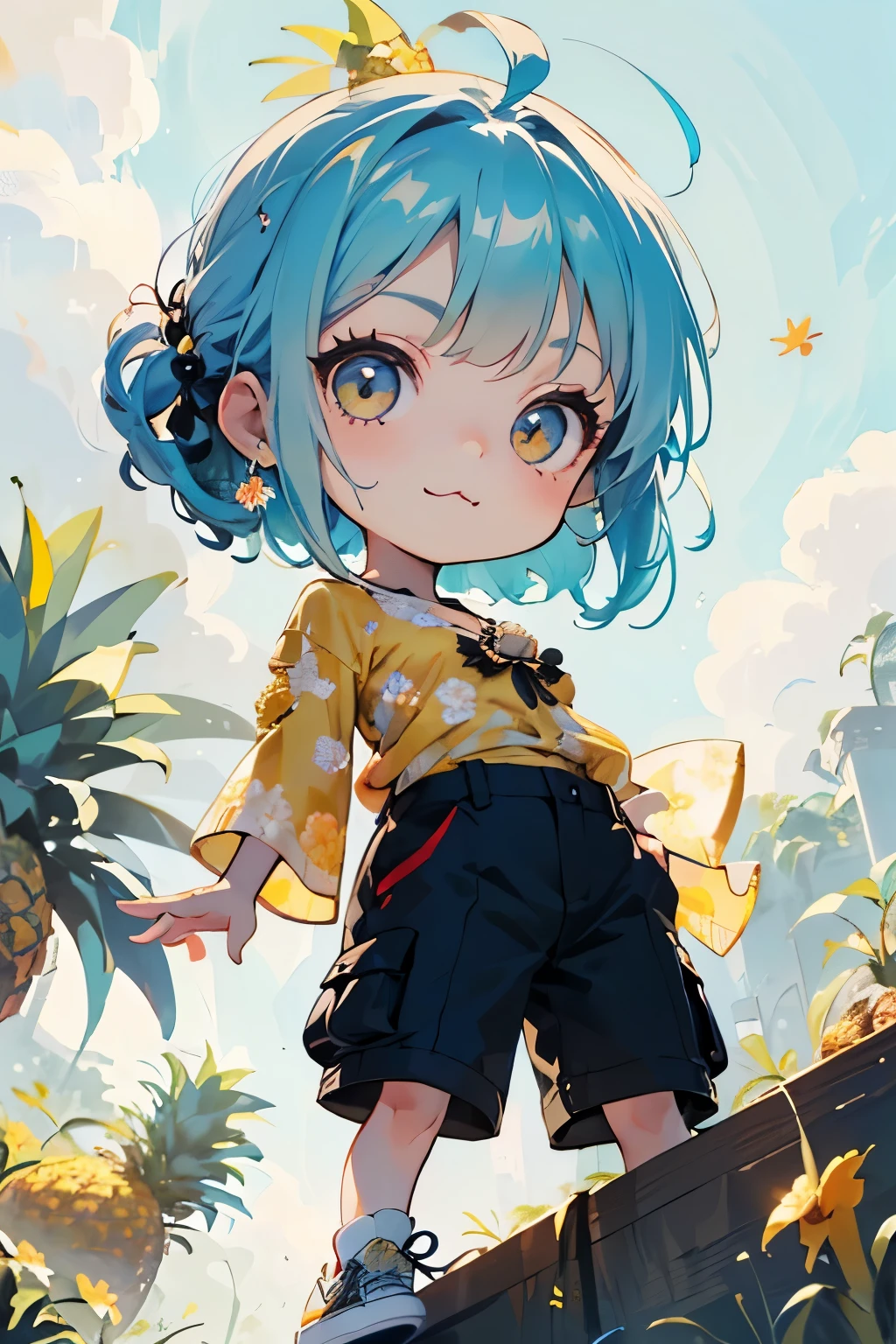 (Masterpiece:1.2),(Fresh pineapple:1.3)、(Chibi Body、Small face、Light blue hair color, Short chignon hair、Highly detailed eyes、Golden Eyes、Beautiful breast growth、:3, Ahoge:1.2)、(Carefully drawn fingertips、Beautiful human hands、Carefully drawn fingers、gloss々Skin、Slender、Thin thighs、Thin legs)、(Cargo pants、Boyish Style、to close range、Designer cut and sew、Floral blouse、one piece、Monochrome sneakers:1.4)、(A wonderful autumn scene、chibi gal、Angle from below、A world view and background that suits chibi:1.2)