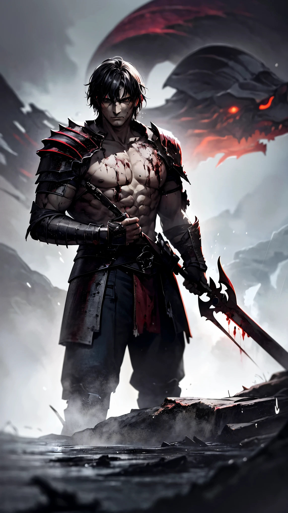 foreground,A dark and powerful warrior, covered in scars and soaked in heavy rain, He holds his sword with a firm hand, as blood runs down his scarred face. His damaged and worn armor reflects the faint light of the storm., with drops of water sliding down its metal plates. The environment is full of deep shadows, with only the rain and the brightness of his intense eyes, that emit a penetrating white light in the middle of the darkness. The warrior is enveloped in an aura of contained fury, with his jaw clenched and an expression that reveals both pain and determination,Guts,The Warrior of Berserk, appears in the foreground, leaning forward under the torrential storm, holding his gigantic sword with a firm hand as he rests on it. His posture denotes extreme physical exhaustion but at the same time an unwavering determination.. His face, in a close and dramatic shot, It is covered with open wounds from which runs a thick, dark flow of blood., with a dull red tone that barely reflects light. Guts' eyes glow a ghostly white., expressing a mixture of anger and frustration, while his jaw is clenched with suppressed fury.
The metal armor covering his body shows the wear and tear of countless battles., with scratches and dents reflecting the scant light of the storm. In his neck, the rolled layer, Soaked in the rain, fits firmly under your armor. The image is in black and white with a monochrome filter, except for blood, which appears in a deep shade of dark red, highlighting the brutal state of the battle. The shadows and lights are accentuated, creating a dramatic contrast that draws the eye to Guts' fierce expression. Distance and focus maintain a close plane, capturing every detail of his face and the edge of the sword, while the background remains out of focus, immersed in darkness and rain
