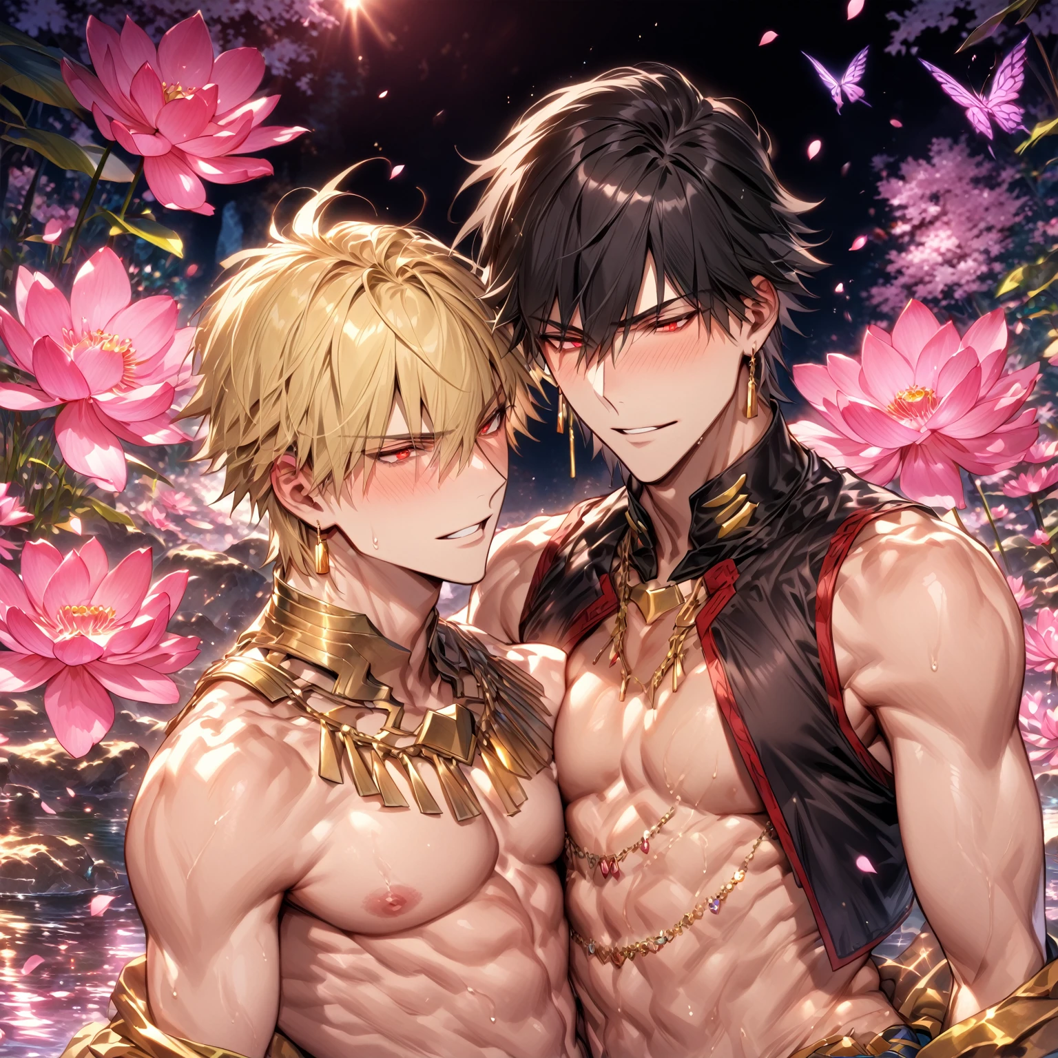 Ultra detailed, Highres, absurdres, HDR, master piece, Gilgamesh, blond hair, expressive red eyes, Diarmuid Ua Duibhne, black hair, expressive yellow eyes, mole under his eye, Fate Grand Order, two sexy man together, gay couple, love, extremely detailed eyes and face, water, pink flowers, blossoms, petals, fantasy, magic, best quality, sexy, toned chest, black clothes, handsome, yaoi