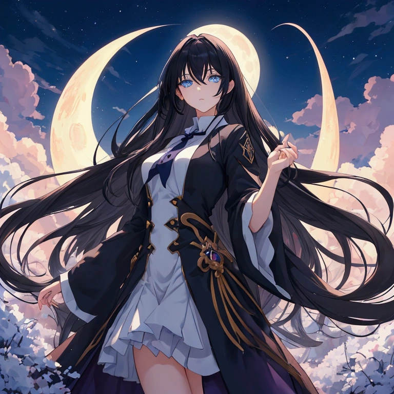 Woman with very long wavy black hair and big chest wearing a dress and smiling up. Little, surrounded by the night sky