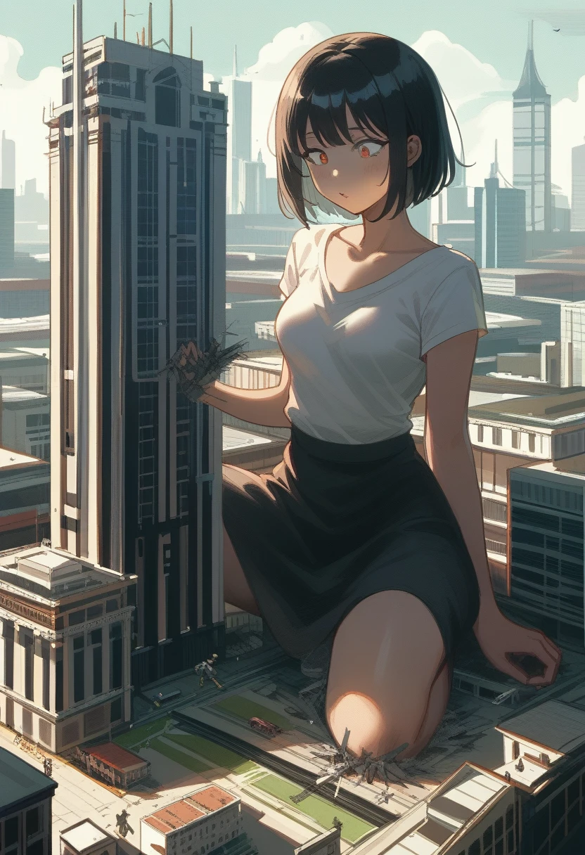 Giantess、Giantess Woman、Giantess、Dynamic Lighting、Looming、Crouch down、Bend、A woman bigger than the building、8k、High Quality、high quality、Draw women big、Robot Body、A woman with a body made of iron、A woman bigger than the building、Black Hair、Small breasts、Miniature Buildings、Miniature city、Miniature destroyed buildings、Giant destroying buildings、Destroying a building with hands、Ruined City、Broken Building、City in Ruins、big disaster、Aerial photo