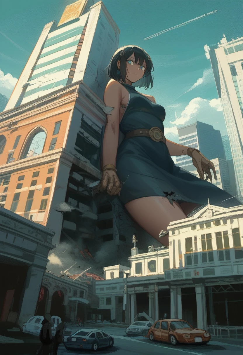 Giantess、Giantess Woman、Giantess、Dynamic Lighting、Looming、Crouch down、Bend、A woman bigger than the building、8k、High Quality、high quality、Draw women big、Robot Body、A woman with a body made of iron、A woman bigger than the building、Black Hair、Small breasts、Miniature Buildings、Miniature city、Miniature destroyed buildings、Giant destroying buildings、Destroying a building with hands、Ruined City、Broken Building、City in Ruins、big disaster、Aerial photo