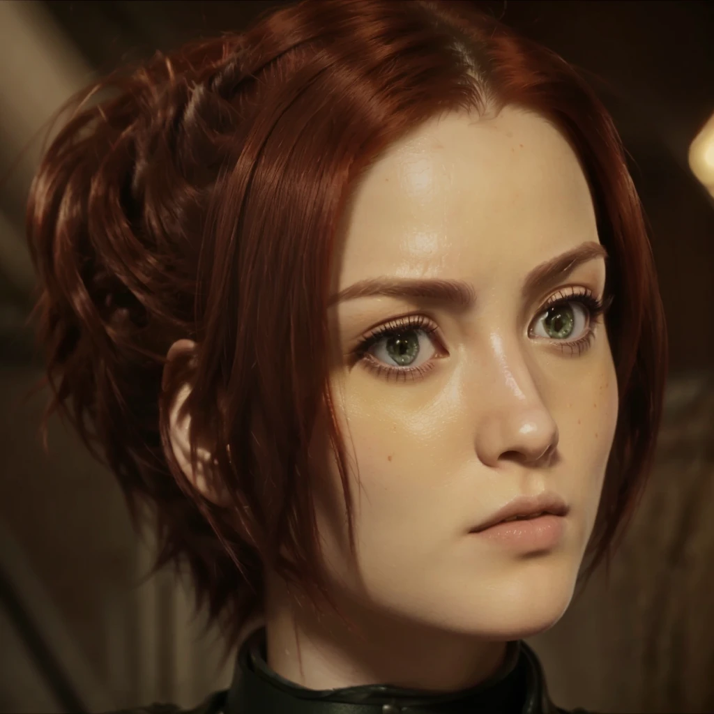 Ultra realistic image of a European woman with red hair and a military uniform., Sasha Blouse, from attack on titan, Game of Thrones character, in attack on titan, female protagonist, female anime character, worried expression