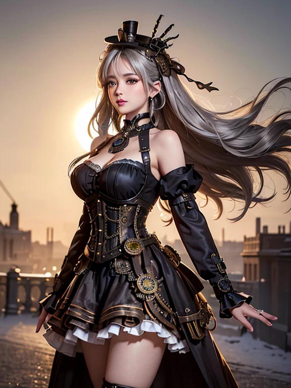 ((Steampunk:1.5))(background: London by night))((Alone、Woman wearing a long halter neck dress、Elegant woman posing:1.4、Detailed face、bright表情、Young, bright, Whiter skin、Great looks、Ultimate beauty、Shiny silver hair with highlights、輝くbright髪,、Style your hair:1.2、Hair dancing in the wind、Backlight,A little bit of Side Bust is visible)),Old dress, Layered Dress, Frillsドレス, Frills,Fishtail, corset,Side Bust, Long sleeve, Have, Knee-high boots