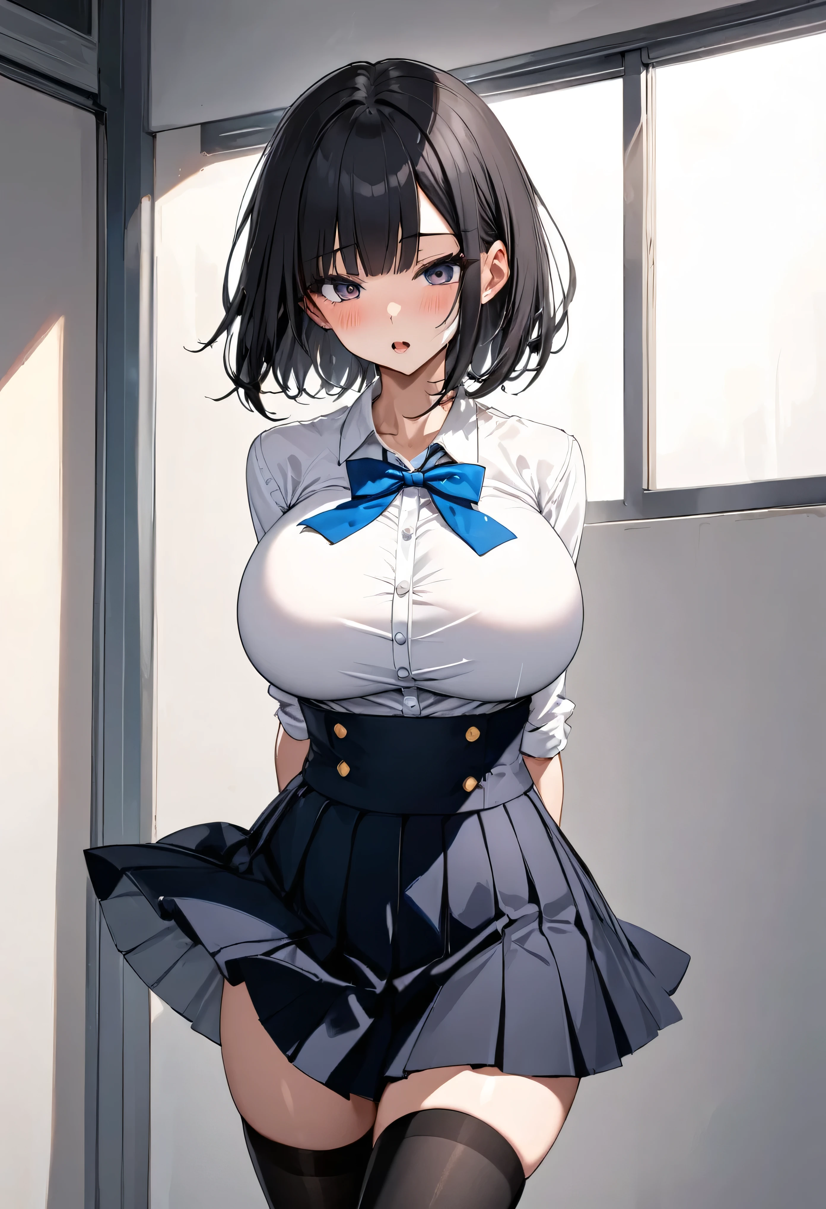 (solo), (1 skinny girl standing at school alone), (swaying back), arms behind back, tiptoe, BREAK, black bob cut, blunt bangs, (violently bouncing huge breasts:1.3), bursting huge breasts, long breasts, narrow shoulders, very short torso, skinny narrow waist, long skinny legs, BREAK, school uniform, (white blouse with closing chest:1.2), pleated black high-waist skirt, thigh gap, (inky-black thighhighs:1.3), BREAK, orgasm