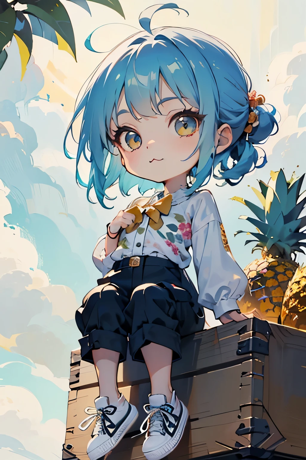 (Masterpiece:1.2),(Fresh pineapple:1.3)、(Chibi Body、Small face、Light blue hair color, Short chignon hair、Highly detailed eyes、Golden Eyes、Beautiful breast growth、:3, Ahoge:1.2)、(Carefully drawn fingertips、Beautiful human hands、Carefully drawn fingers、gloss々Skin、Slender、Thin thighs、Thin legs)、(Cargo pants、Boyish Style、to close range、Designer cut and sew、Floral blouse、one piece、Monochrome sneakers:1.4)、(A wonderful autumn scene、chibi gal、Angle from below、A world view and background that suits chibi:1.2)