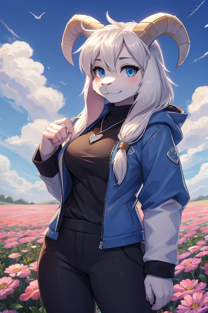 woman,  adult, shy, shy expression, alone, in a field of flowers, furry, goat, anthropomorphic goat, Asriel, Undertale ((Asriel Dreemurr)), medium large breasts, big ass, wide hips, perfect female body, tall, ((long hair, long white hair, straight hair )), blue eyes, anthropomorphic face, cartoon, smile, Eskimo coat ((blue coat, no drawing, Eskimo coat)), metacarpal paw, black blouse ( (black shirt, black pants)), white heart drawn on the shirt, wears a golden heart pendant, goat's tail, short horns, white horns ((droopy ears, big ears)), goat's paw, anthropoporphic paw, detailed , better quality, better detail, details and quality.