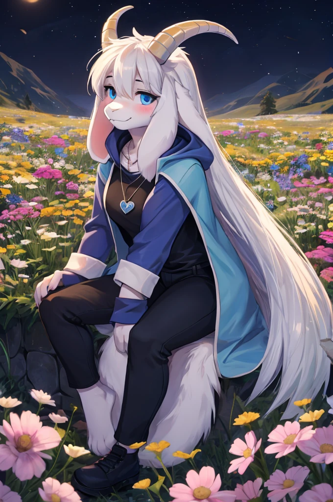 woman, young adult, shy, shy expression, alone, in a field of flowers, furry, goat, anthropomorphic goat, Asriel, Undertale ((Asriel Dreemurr)), medium large breasts, big ass, wide hips, perfect female body, tall, ((long hair, long white hair, straight hair )), blue eyes, anthropomorphic face, cartoon, smile, Eskimo coat ((blue coat, no drawing, Eskimo coat)), metacarpal paw, black blouse ( (black shirt, black pants)), white heart drawn on the shirt, wears a golden heart pendant, goat's tail, short horns, white horns ((droopy ears, big ears)), goat's paw, anthropoporphic paw, detailed , better quality, better detail, details and quality.