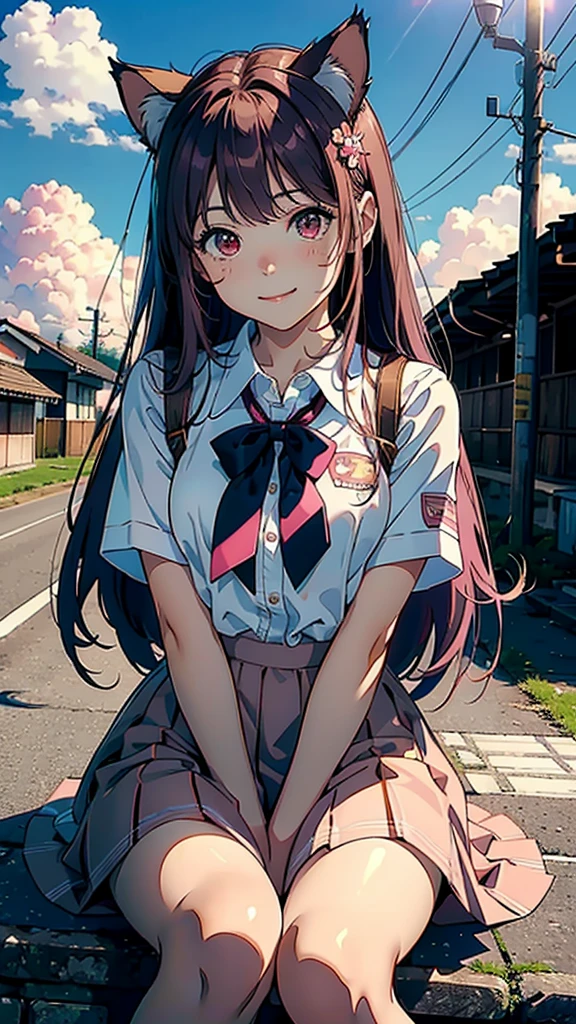 (highest quality, masterpiece, High resolution)、(anime)、brown pink hair、pink red Cat Costume、pink uniform dress outfits 、(Cat ear)、long hair、hair ornaments、Cute face details、enchanting smile、small breasts、whole body、Crackers popping、 Decoration、((bright sky background))、uniform 、smile 、happy、sunny background 、uniform suite outfits、sakura flowers、sitting down 、fully clothed、nature background、Brazilian model、school uniform、 ((sunny background))