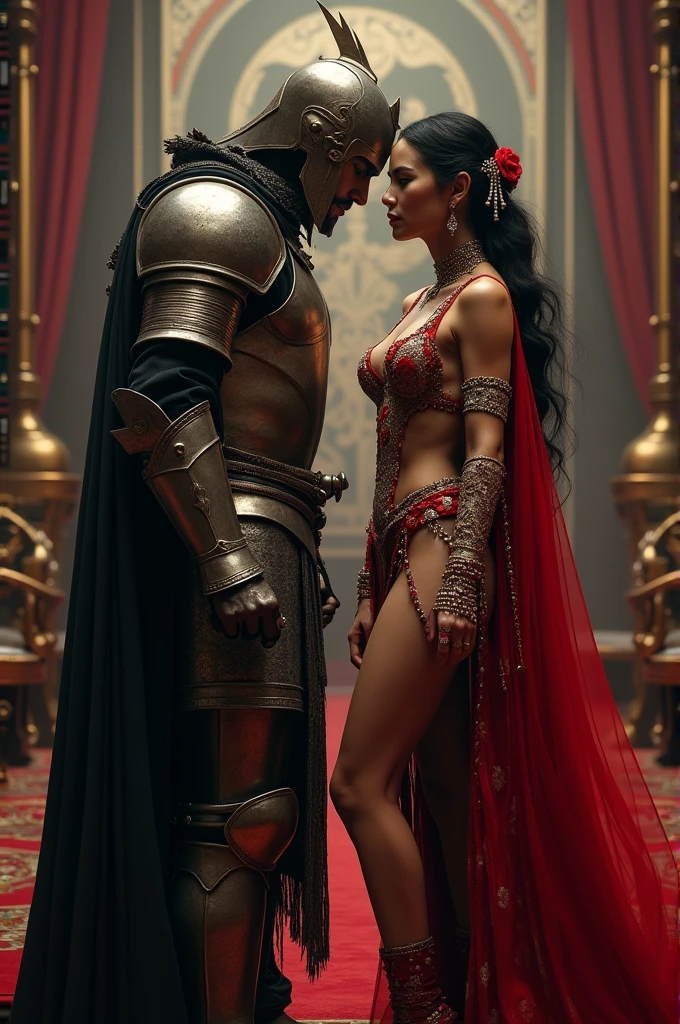 an interracial  couple in full royal garb romantic embrace, curvy hourglass figure woman in loin armor , swooping breasts , wide hips, thick muscular thighs, man fully clothed, man in royal pants, face to face, european and african, homoerotic, darius zawadzki and lkjhgf, , full body, interracial couple, brownskin , jeweled loin guard, rendering, digital painting, Imperial coat of arms Russia, naked female , beautiful attractive antique king and queen  lovers. 