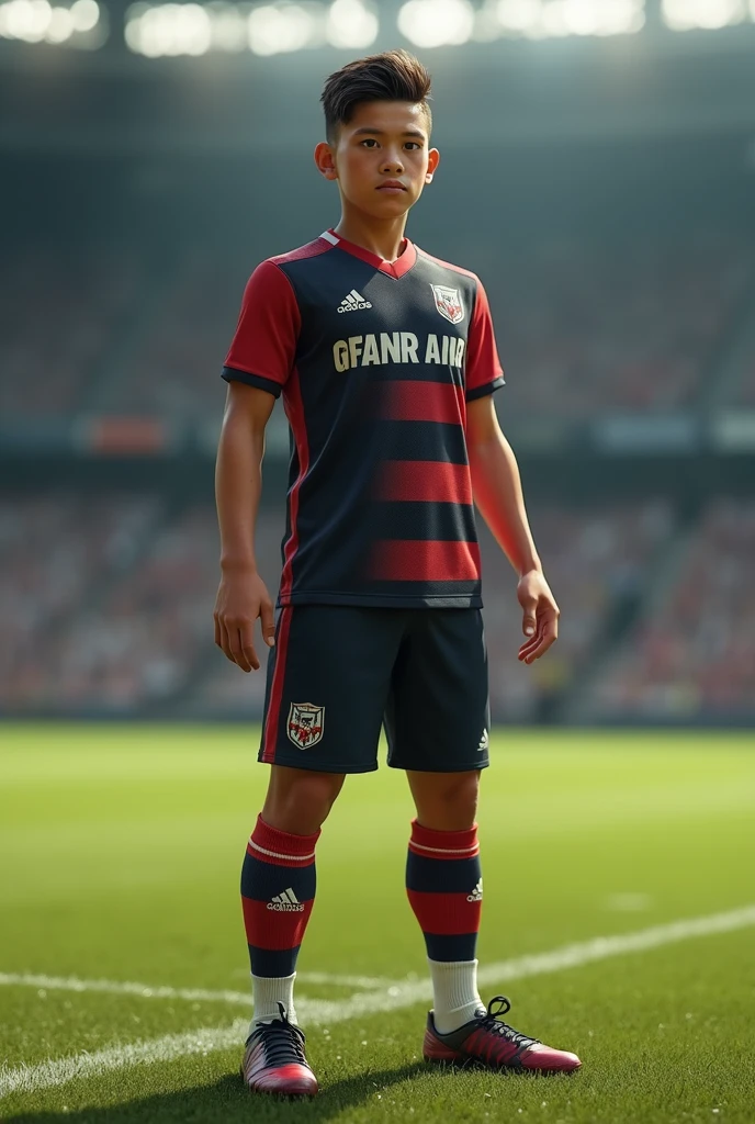 A boy in a soccer uniform without a shirt on a bed