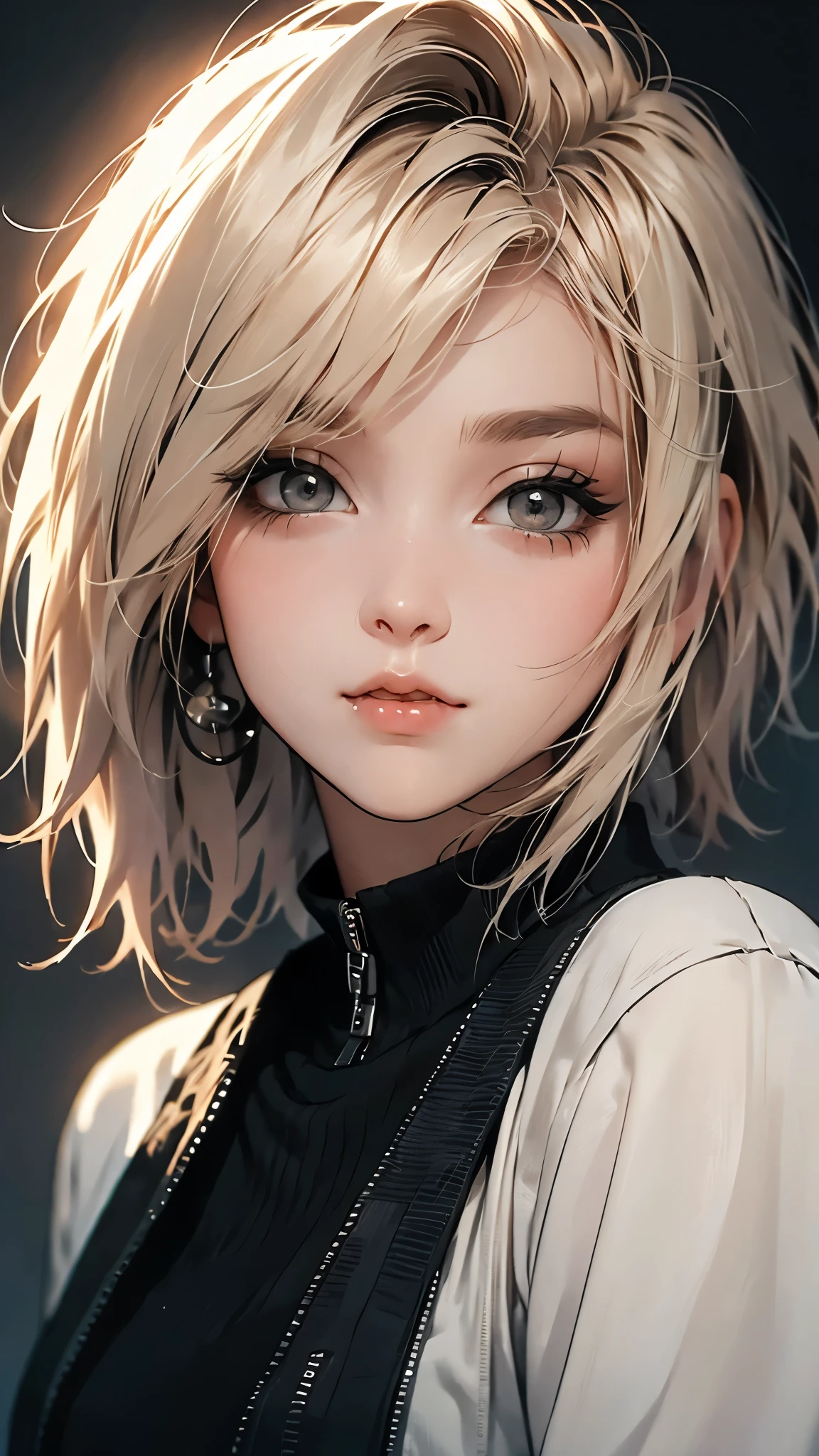 ((Masterpiece)), envision a 8k, highres, cinematic, extremely beautiful semi realistic close up portrait of a strong mature lady with a slender muscular body, ((short choppy blonde hair)), side locks, choppy bangs, strong face, slender face, long sweeping bangs, brown eyes, soft lips, lip gloss, thick eyebrows, round face, cropped bomber jacket, collared shirt, tie, ((((1girl)))), in dark lighting, against a dark gray background