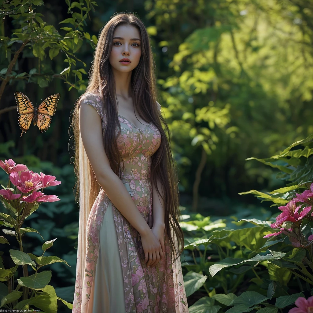 a beautiful young girl with long flowing hair, detailed facial features, piercing eyes, wearing an elegant dress, standing in a lush, vibrant garden, sunlight filtering through the trees, butterflies fluttering around, intricate floral details, cinematic composition, masterful lighting and color palette, highly detailed and photorealistic