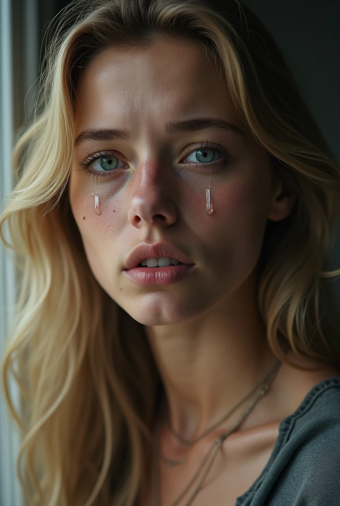 (photorealism:1.2), russian teenager, 18 years, open legs, On knees, choker, crying and looking at the camera, black tears on cheeks, black mascara tears run down cheeks, makeup smeared, Ahegao face with mouth wide open, looking to the camera. Very slim supermodel body, tight and thin, Legal, Very toned abs with navel piercing, small waist. With long blonde hair tied back in a ponytail. high school teenage babysitter, smiling teenager face, AuPair. point of view from above 8K