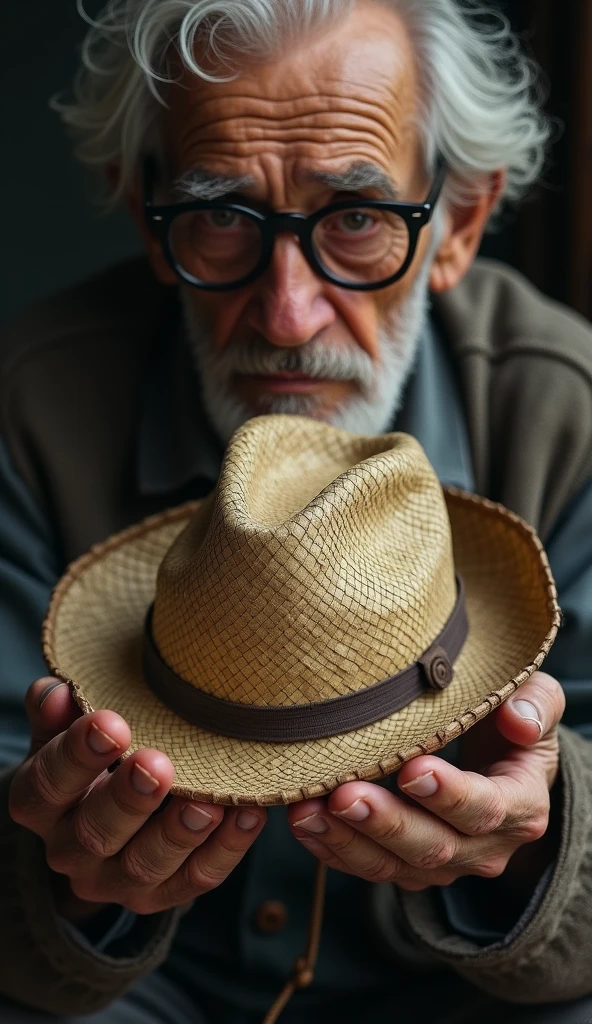 The hands of an old man wearing dark lead-colored glasses lend him his straw hat, worn by time at the hands of a child without any person.