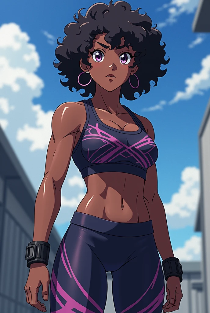 Image in 8k with high definition and good lights, beautiful teenager, afro, curly hair, athletic body, thick legs, strong abs, big breasts, wearing gym clothes, blue leggings, black bra, make it in anime, anime style 