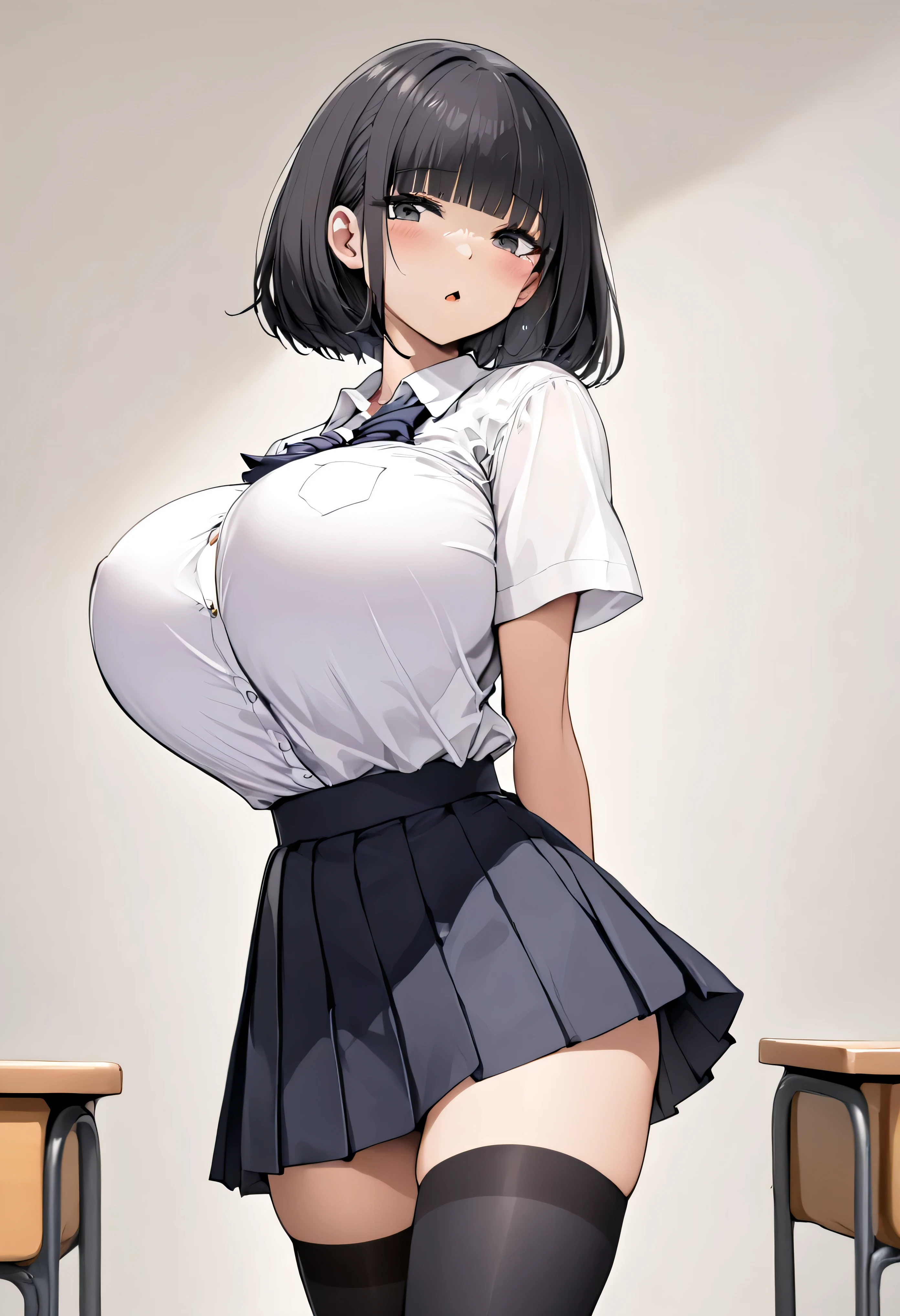 (solo), (1 skinny girl standing at school alone), (swaying back), arms behind back, tiptoe, BREAK, black bob cut, blunt bangs, (violently bouncing huge breasts:1.3), bursting huge breasts, (long breasts), narrow shoulders, very short torso, skinny narrow waist, long skinny legs, BREAK, school uniform, (white blouse with closing chest:1.2), pleated black high-waist skirt, thigh gap, (inky-black thighhighs:1.3), BREAK, orgasm