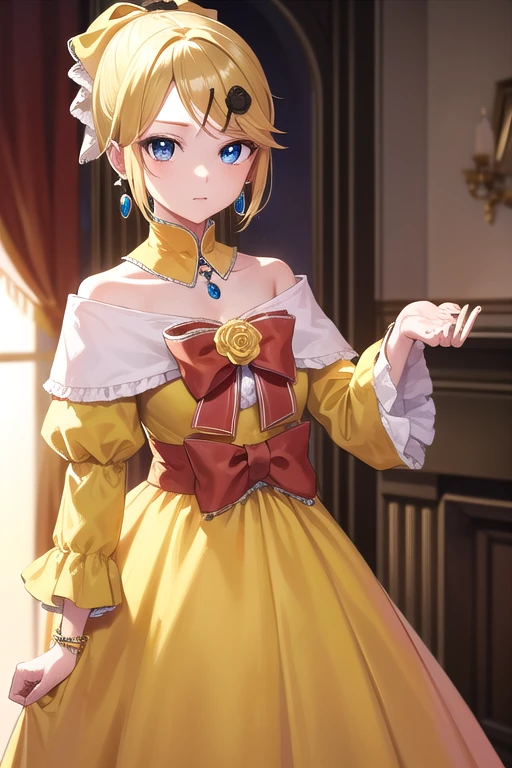 riliane, riliane, blonde hair, blue eyes, ponytail, short hair, parted bangs,
BREAK bow, bracelet, dangle earrings, detached collar, dress, (yellow dress:1.5), dress bow, earrings, flower, flower brooch, frilled dress, frills, gown, hair bow, hair ornament, hairclip, jewelry, long sleeves, necklace, off shoulder, off-shoulder dress, pendant, sash, wide sleeves,
BREAK cowboy shot, looking at viewer,
BREAK indoors,
BREAK (masterpiece:1.2), best quality, high resolution, unity 8k wallpaper, (illustration:0.8), (beautiful detailed eyes:1.6), extremely detailed face, perfect lighting, extremely detailed CG, (perfect hands, perfect anatomy),