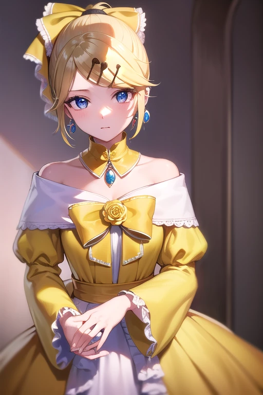 riliane, riliane, blonde hair, blue eyes, ponytail, short hair, parted bangs,
BREAK bow, bracelet, dangle earrings, detached collar, dress, (yellow dress:1.5), dress bow, earrings, flower, flower brooch, frilled dress, frills, gown, hair bow, hair ornament, hairclip, jewelry, long sleeves, necklace, off shoulder, off-shoulder dress, pendant, sash, wide sleeves,
BREAK cowboy shot, looking at viewer,
BREAK indoors,
BREAK (masterpiece:1.2), best quality, high resolution, unity 8k wallpaper, (illustration:0.8), (beautiful detailed eyes:1.6), extremely detailed face, perfect lighting, extremely detailed CG, (perfect hands, perfect anatomy),